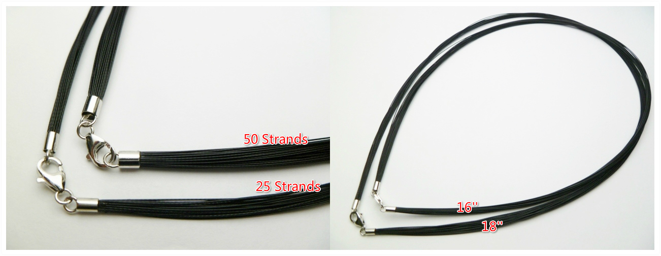 16"- 25 Strands Black Stainless Steel Cable w/ 925 Sliver Claps